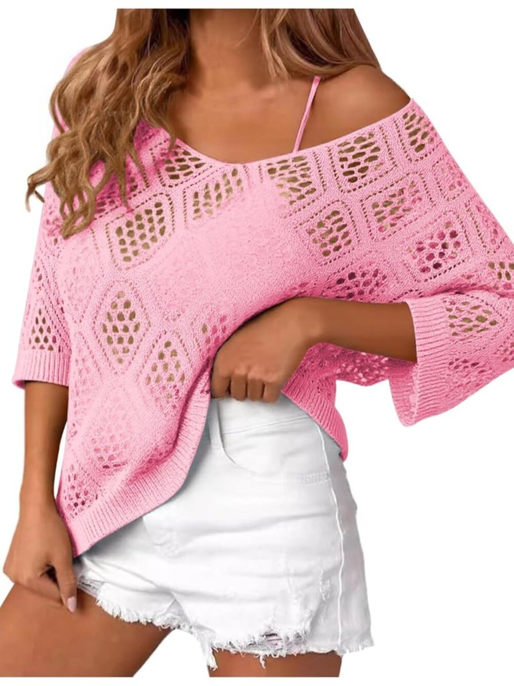 🆕Women's Light Pink Sleeve Crochet Tops Summer V Neck Beach Cover Ups Casual